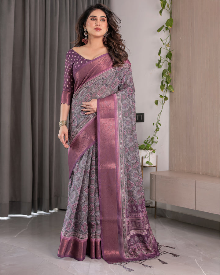 Dusty Purple Handloom Linen Printed Saree with Zari Border, Geometric Floral Motifs & Tasselled Pallu | Attached Blouse Piece | 5.5m Saree + 0.8m Blouse