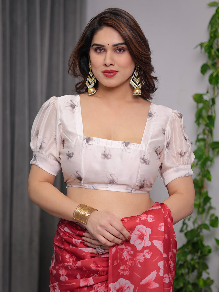 Red Satin Georgette Floral Printed Saree with Attached Blouse – Elegant Soft-Flow Designer Saree for Parties & Festive Wear