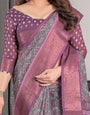 Dusty Purple Handloom Linen Printed Saree with Zari Border, Geometric Floral Motifs & Tasselled Pallu | Attached Blouse Piece | 5.5m Saree + 0.8m Blouse