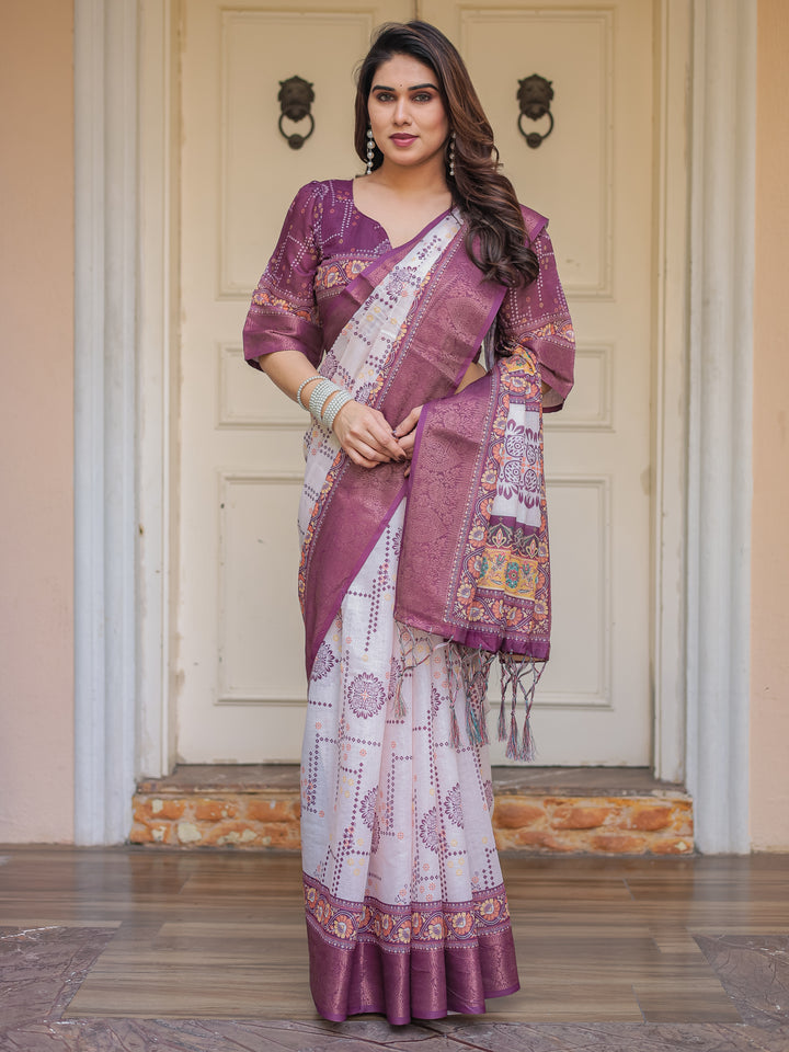 Wine Purple Handloom Cotton Printed Saree with Floral Panel Pallu, Ornamental Border & Tassels – Festive Ethnic Wear