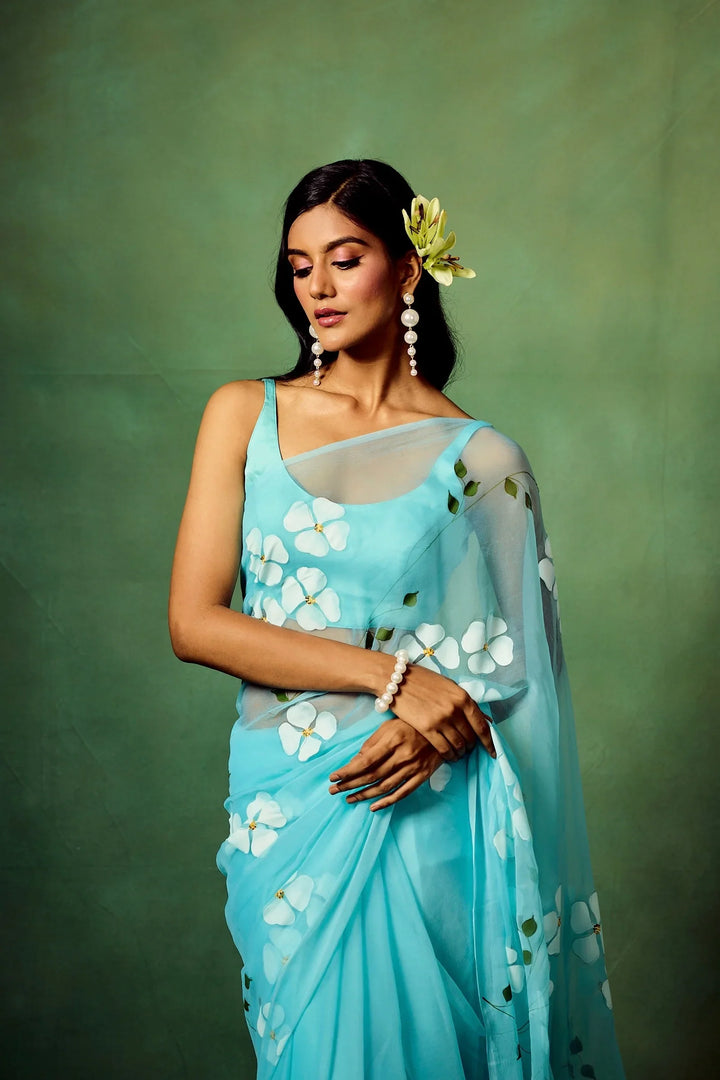 Sky Blue Organza Saree with Hand-Painted White Dogwood Flowers & Satin Blouse