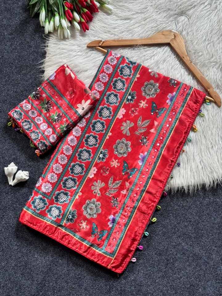 Coral Red Floral Print Modal Silk Saree with Designer Border, Artistic Bloom Motifs & Tassel Detailing