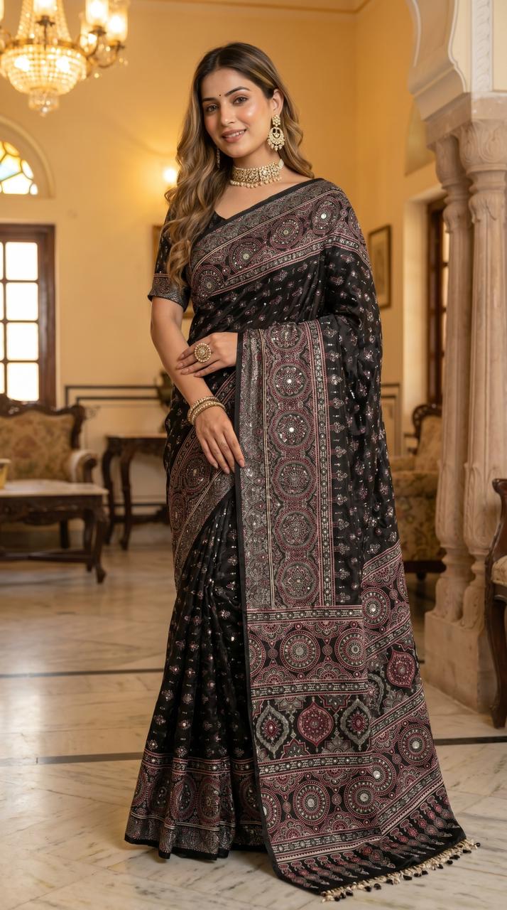 Black Modal Silk Ajrakh Printed Saree with Heritage Medallion Motifs, Rich Traditional Pallu & Tassel Detailing