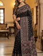 Black Modal Silk Ajrakh Printed Saree with Heritage Medallion Motifs, Rich Traditional Pallu & Tassel Detailing
