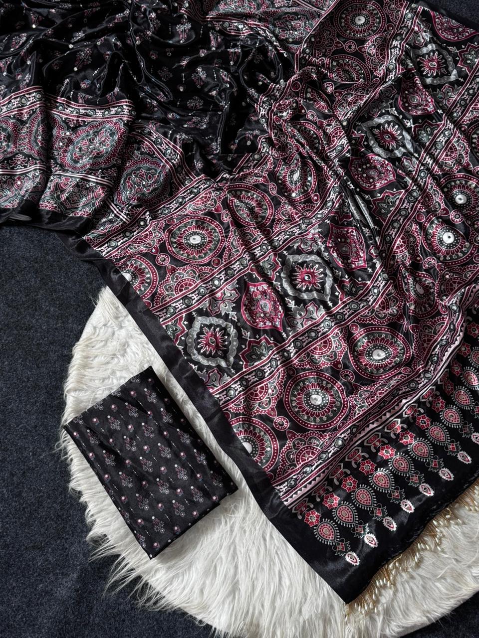 Black Modal Silk Ajrakh Printed Saree with Heritage Medallion Motifs, Rich Traditional Pallu & Tassel Detailing