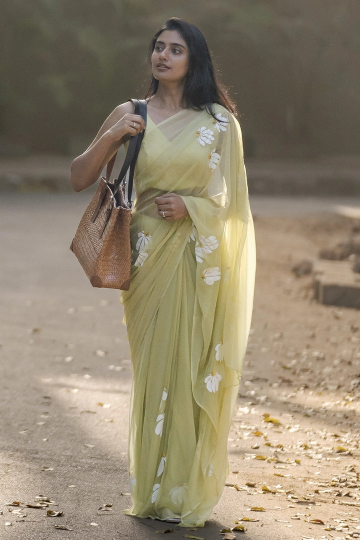 Lemon Yellow Hand-Painted Pure Georgette Saree with White Floral Motifs & Sequin Detailing | Modal Satin Blouse