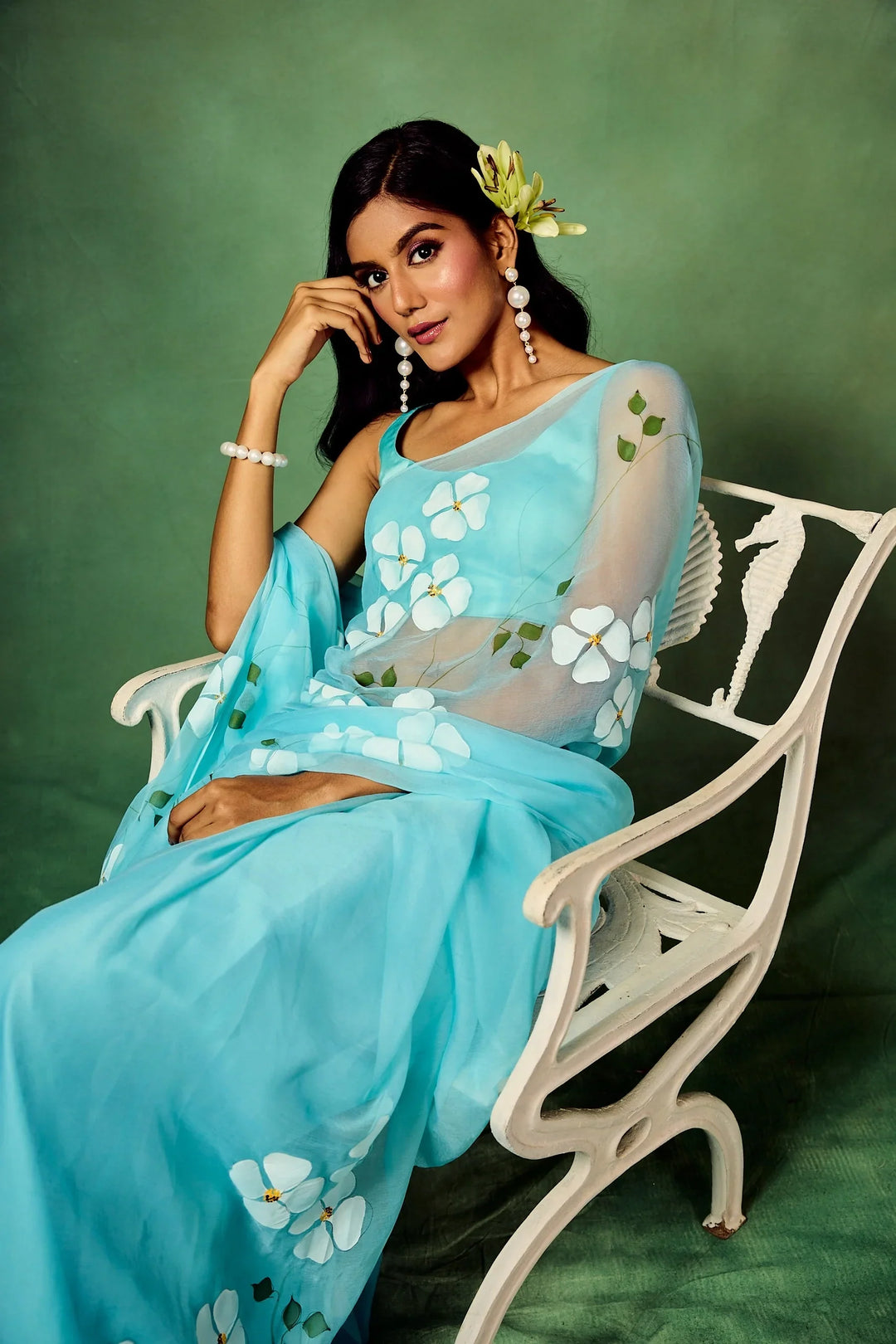 Sky Blue Organza Saree with Hand-Painted White Dogwood Flowers & Satin Blouse