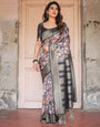 Elegant Black and Peach Banarasi Silk Saree with Zari Border and Tassels