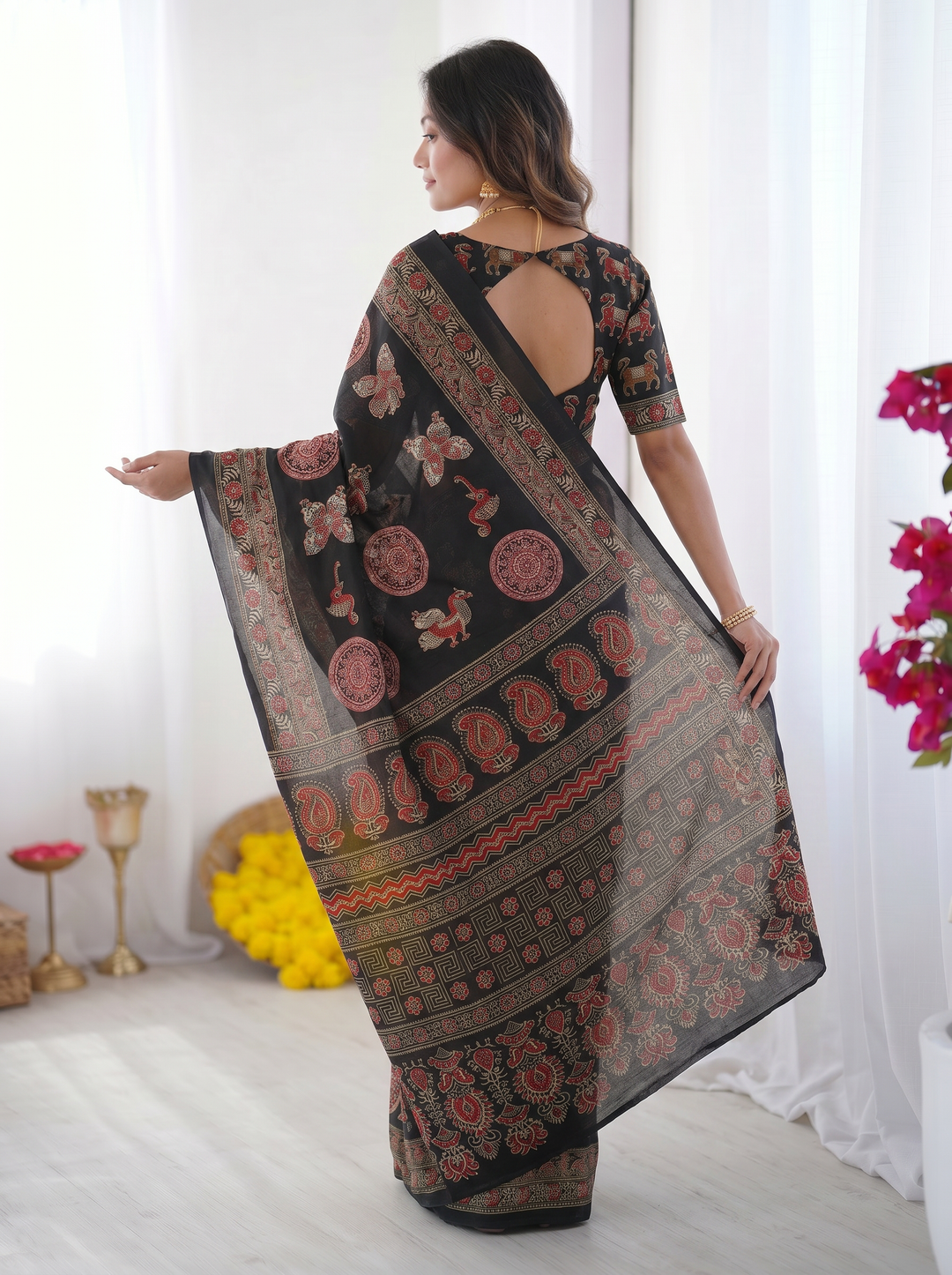 Black Modal Silk Saree with Traditional Ajrakh-Inspired Circular Motif Print & Designer Pallu | Festive & Ethnic Wear Saree