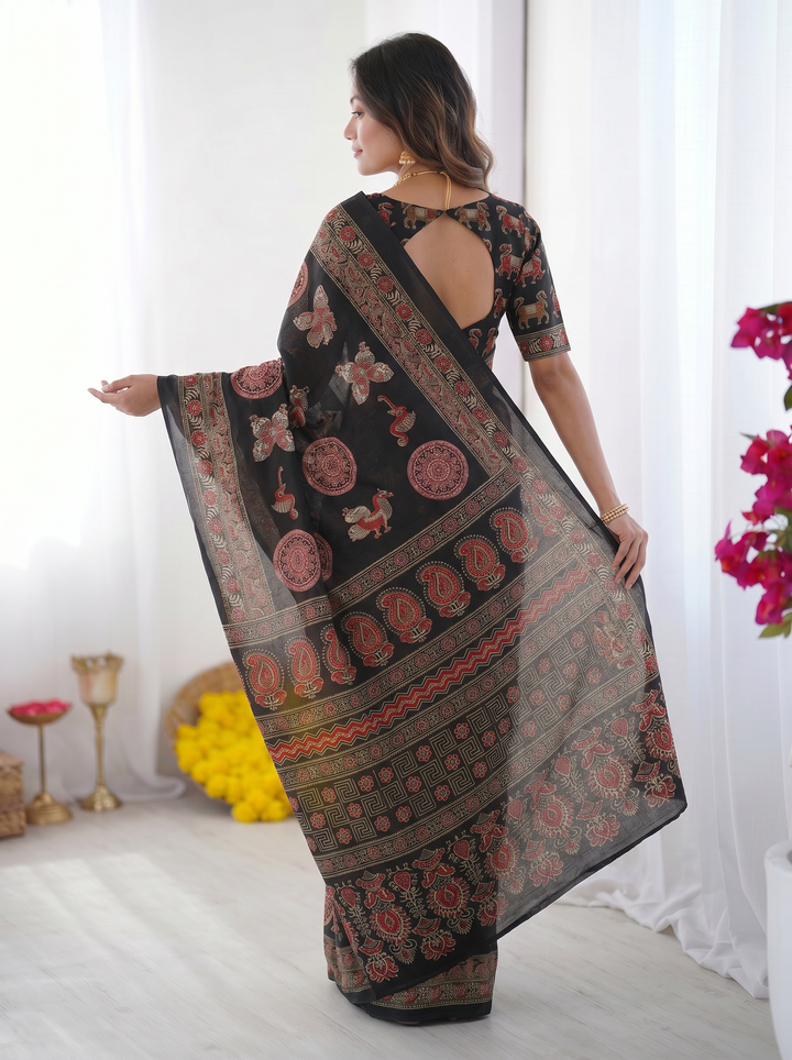 Black Modal Silk Saree with Traditional Ajrakh-Inspired Circular Motif Print & Designer Pallu | Festive & Ethnic Wear Saree