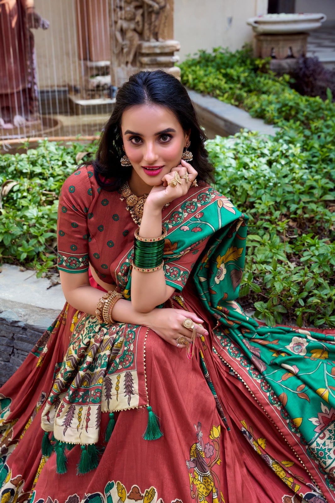 Rust & Emerald Green Tussar Silk Kalamkari Lehenga Set – A Celebration of Art & Tradition