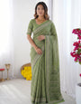 Sage Green Modal Silk Saree with Delicate Floral Butti Prints, Traditional Heritage Border & Elegant Designer Pallu