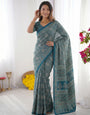 Teal Blue Modal Silk Saree with Heritage Geometric Motifs, Intricate Printed Border & Traditional Designer Pallu