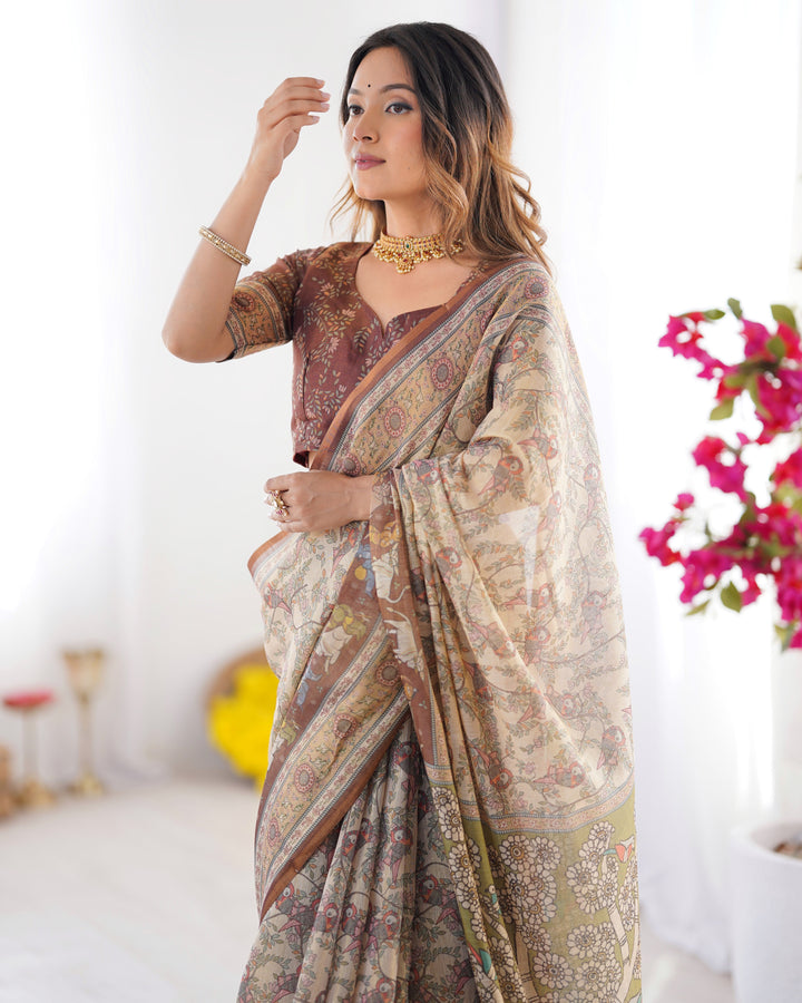 Beige & Brown Handloom Cotton Saree with Mythical Kalamkari Pallu and Elephant Motifs