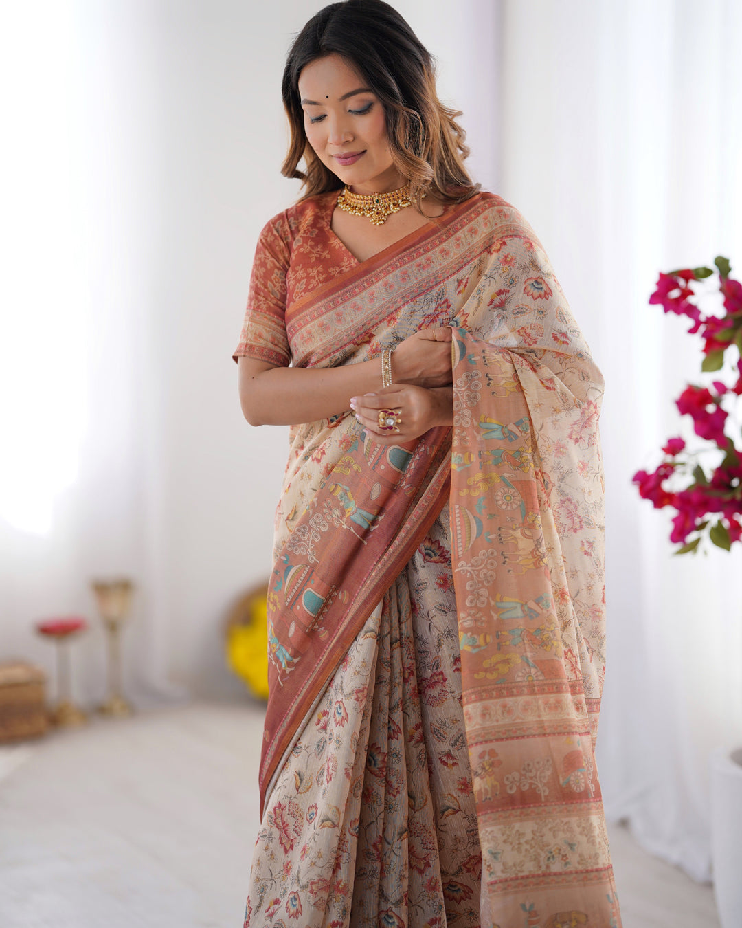 Ivory Handloom Cotton Saree with Maroon Borders, Floral Print & Royal Procession Pallu