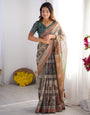 Teal Green & Brown Pure Linen Cotton Handloom Saree with Royal Cow & Tree Motif Pallu