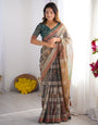 Teal Green & Brown Pure Linen Cotton Handloom Saree with Royal Cow & Tree Motif Pallu