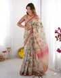 Beige & Red Handloom Linen Cotton Saree with Camel Caravan & Palace Artwork