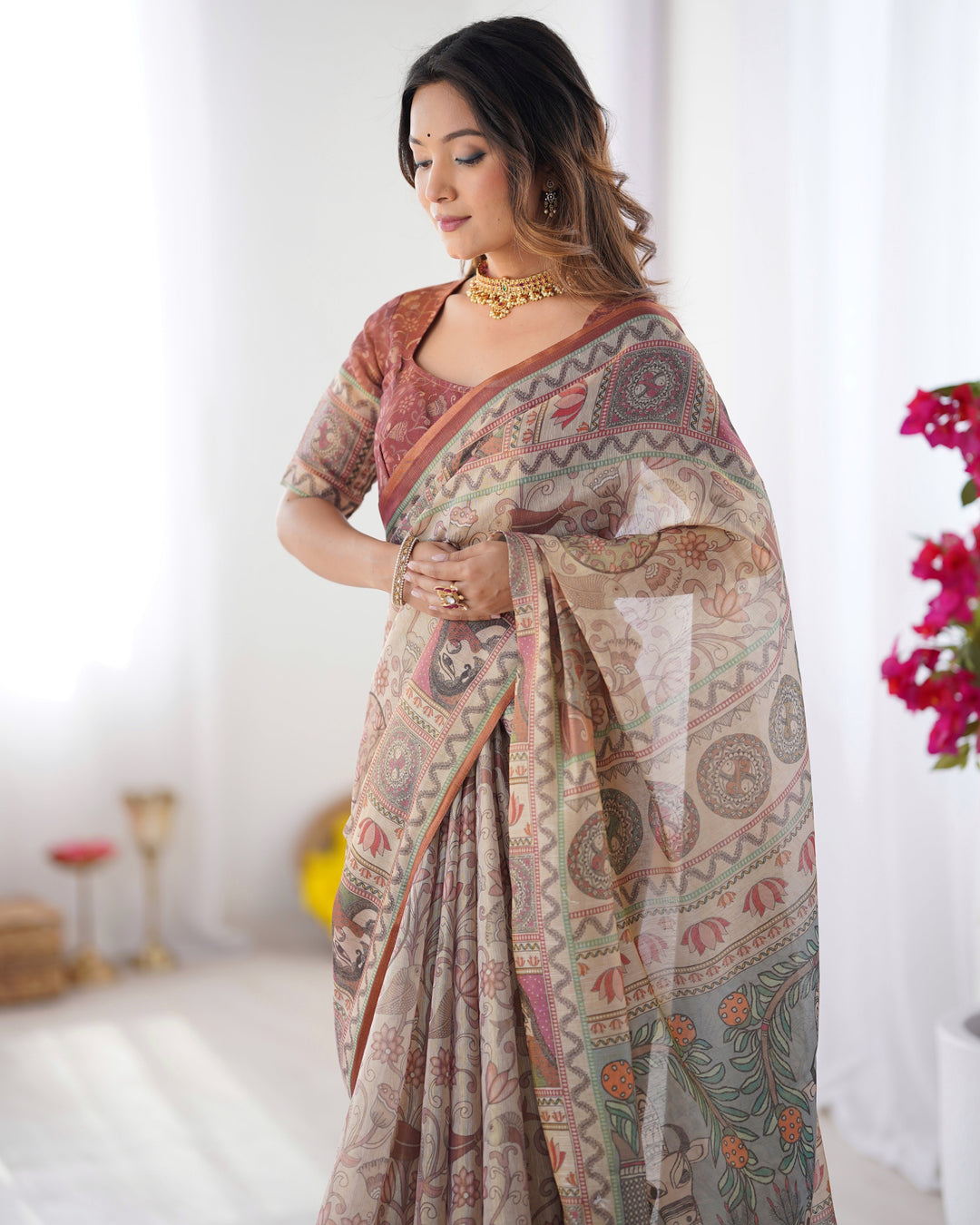 Beige & Maroon Handloom Cotton Saree with Royal Faces & Elephant Pallu Motif