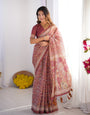 Maroon Pure Linen Cotton Handloom Saree with Elephant & Floral Folk Art