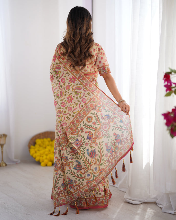 Cream Pink Handloom Linen Cotton Printed Saree with Folk Art Bird Motif Pallu