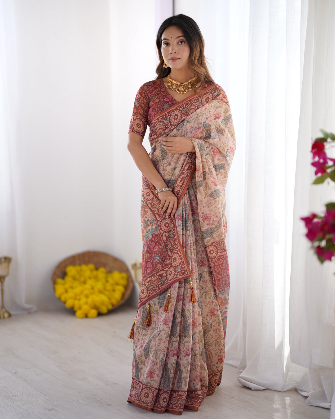 Blush Cream Handloom Linen Cotton Saree with Artistic Bird Motif Pallu