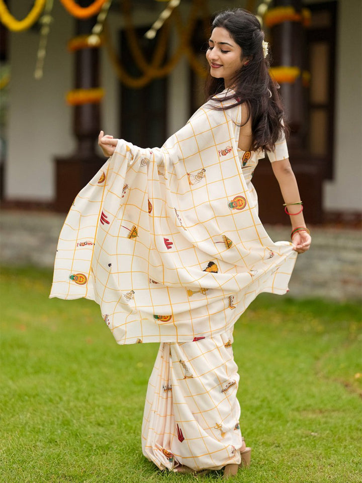 Onam Special Kerala Theme Mul Cotton Saree with Printed Motifs & Tassels | Traditional Off-White Festival Saree with Running Blouse