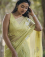 Lemon Yellow Hand-Painted Pure Georgette Saree with White Floral Motifs & Sequin Detailing | Modal Satin Blouse