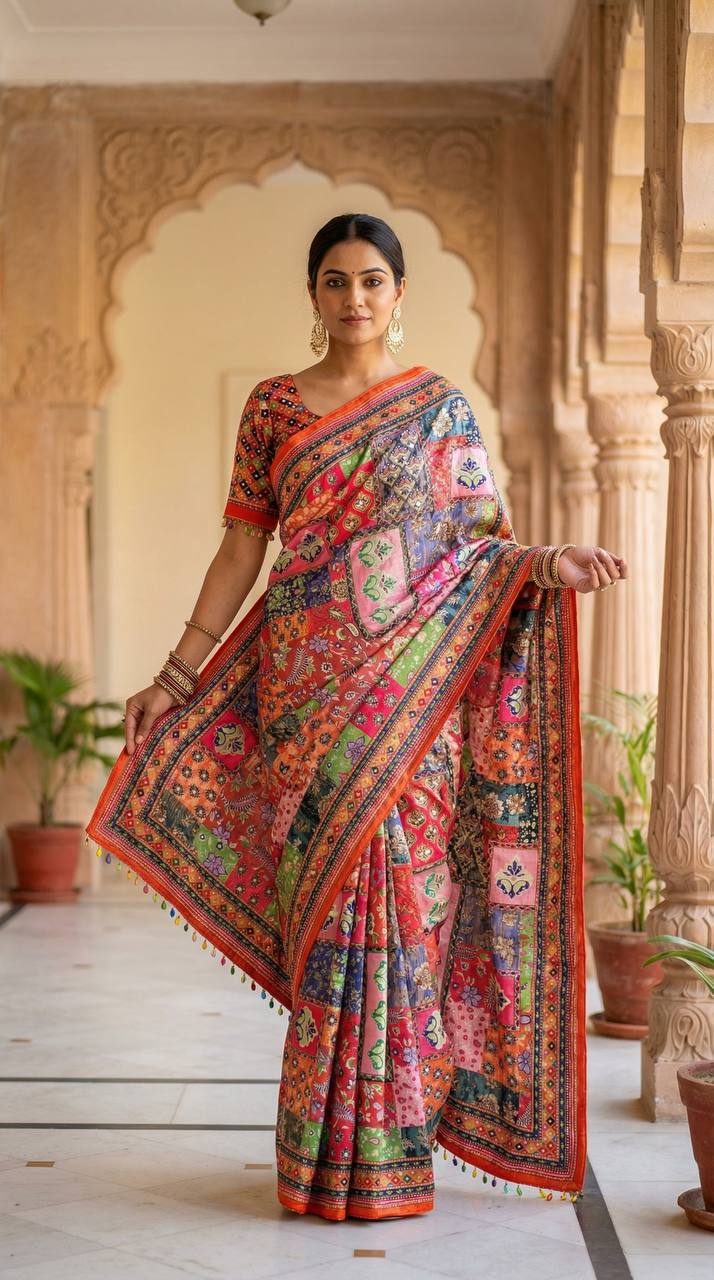 Multicolor Patchwork Print Modal Silk Saree with Floral Motifs, Vibrant Heritage Design & Tassel Detailing