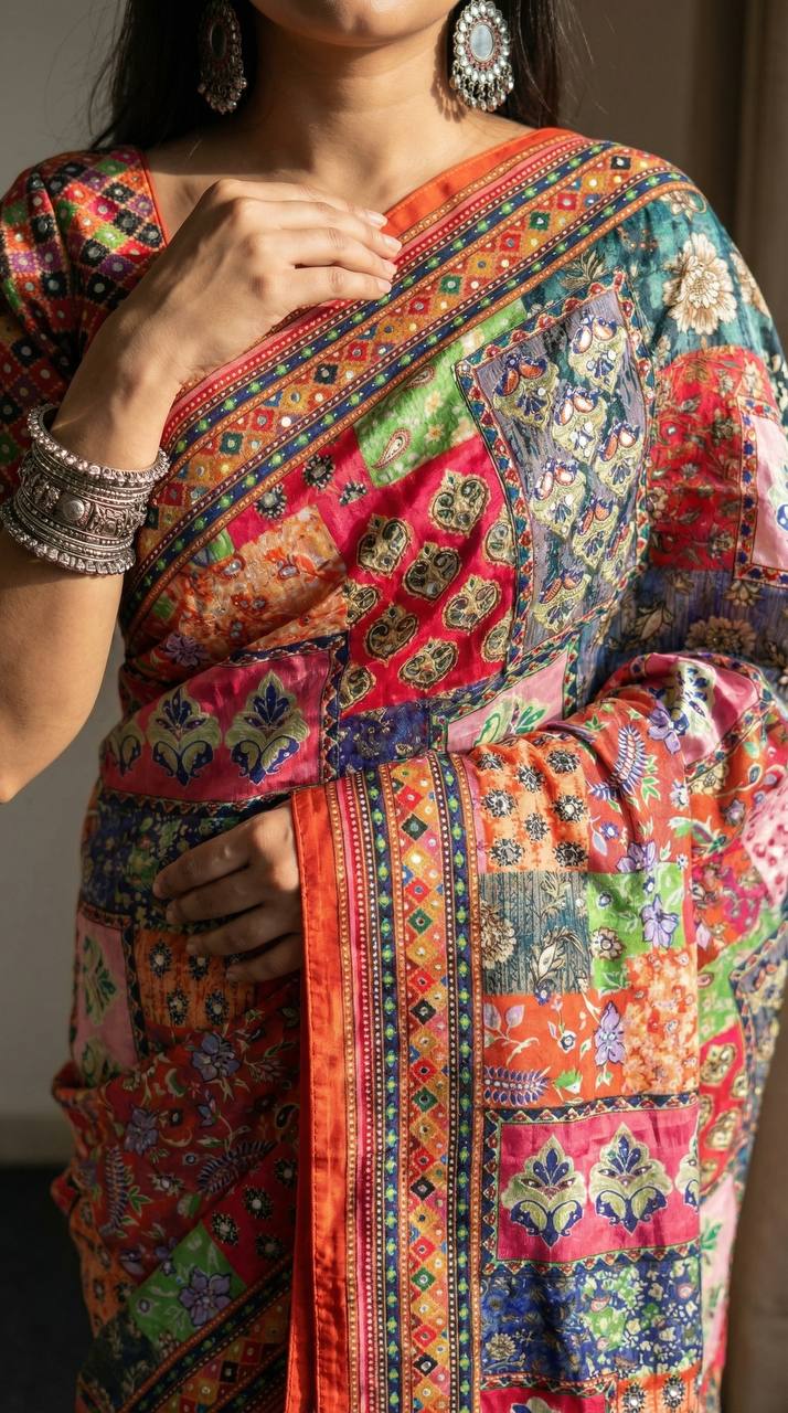 Multicolor Patchwork Print Modal Silk Saree with Floral Motifs, Vibrant Heritage Design & Tassel Detailing