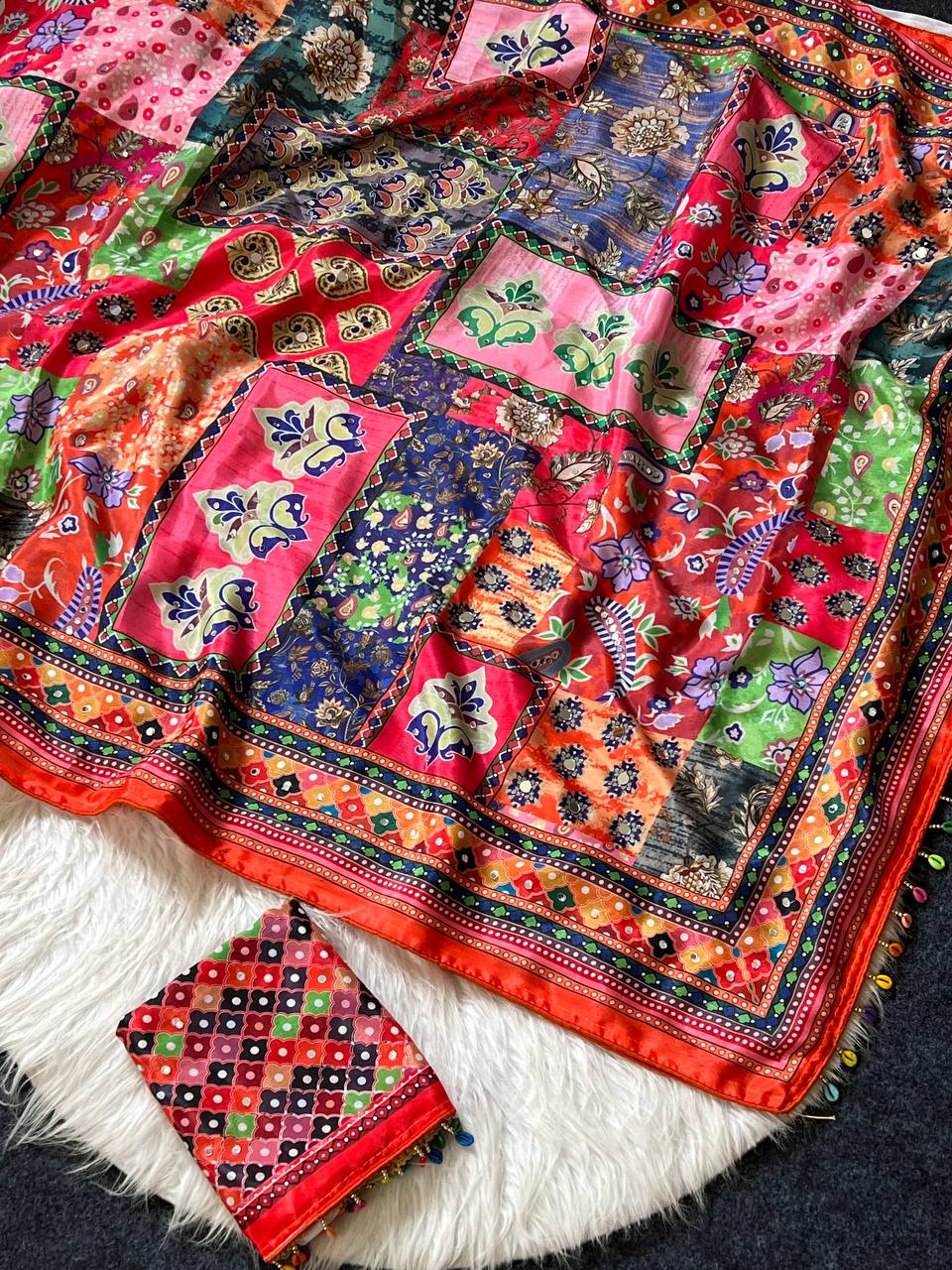 Multicolor Patchwork Print Modal Silk Saree with Floral Motifs, Vibrant Heritage Design & Tassel Detailing