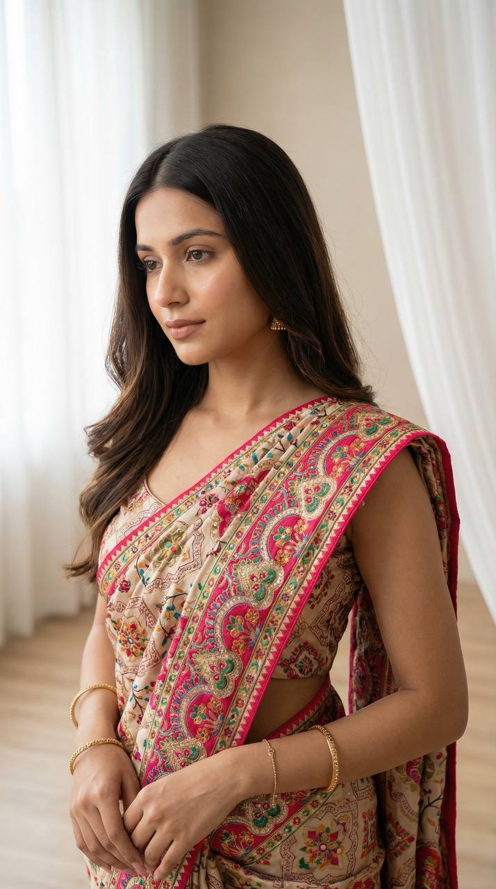 Beige Floral Heritage Print Modal Silk Saree with Intricate Border, Multicolor Motifs & Tassel Detailing