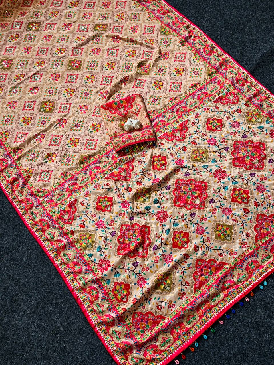 Beige Floral Heritage Print Modal Silk Saree with Intricate Border, Multicolor Motifs & Tassel Detailing