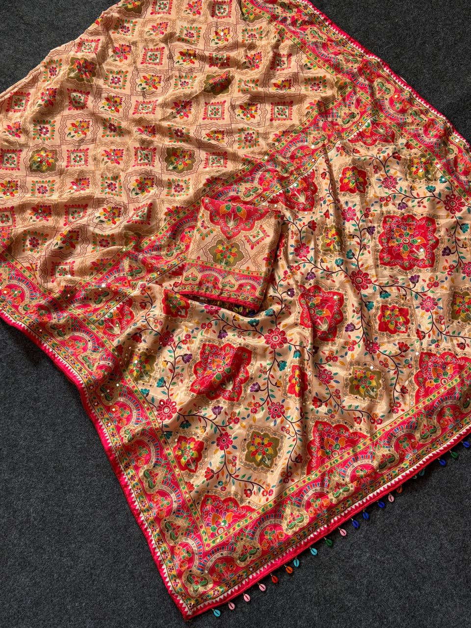 Beige Floral Heritage Print Modal Silk Saree with Intricate Border, Multicolor Motifs & Tassel Detailing