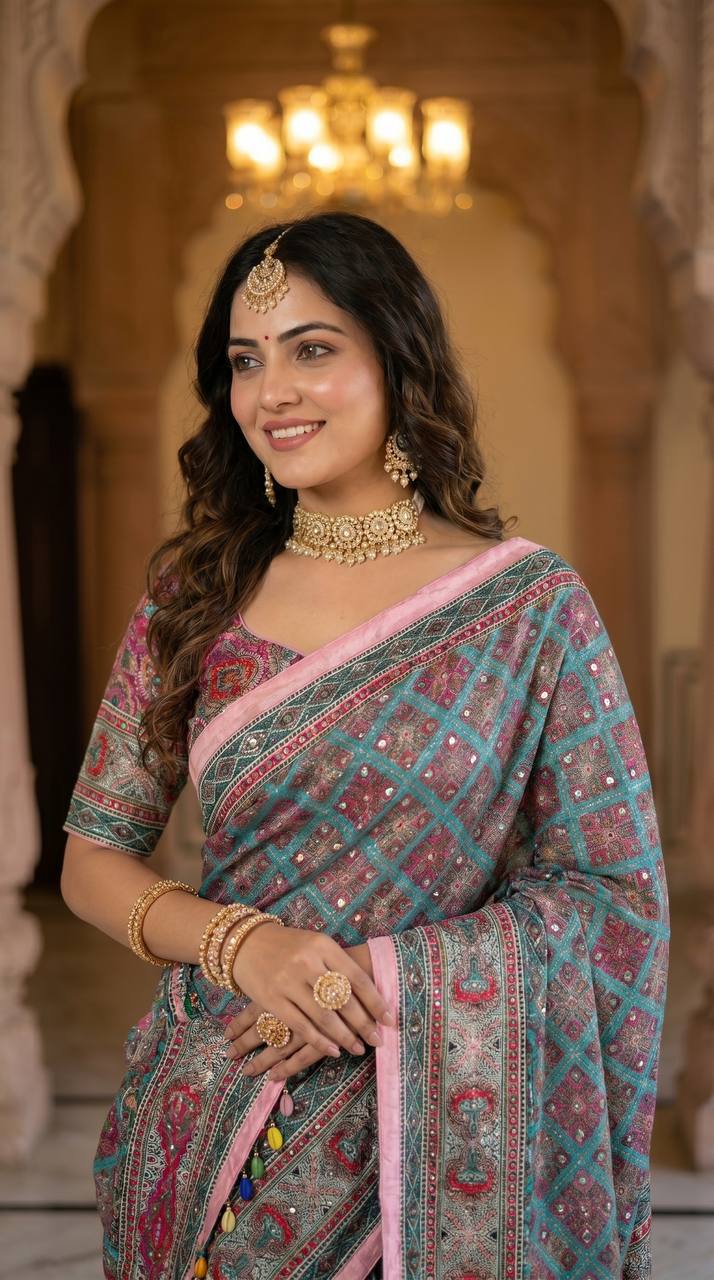 Teal Blue & Pink Modal Silk Ajrakh Printed Saree with Geometric Motifs, Heritage Pallu & Multicolor Tassel Detailing