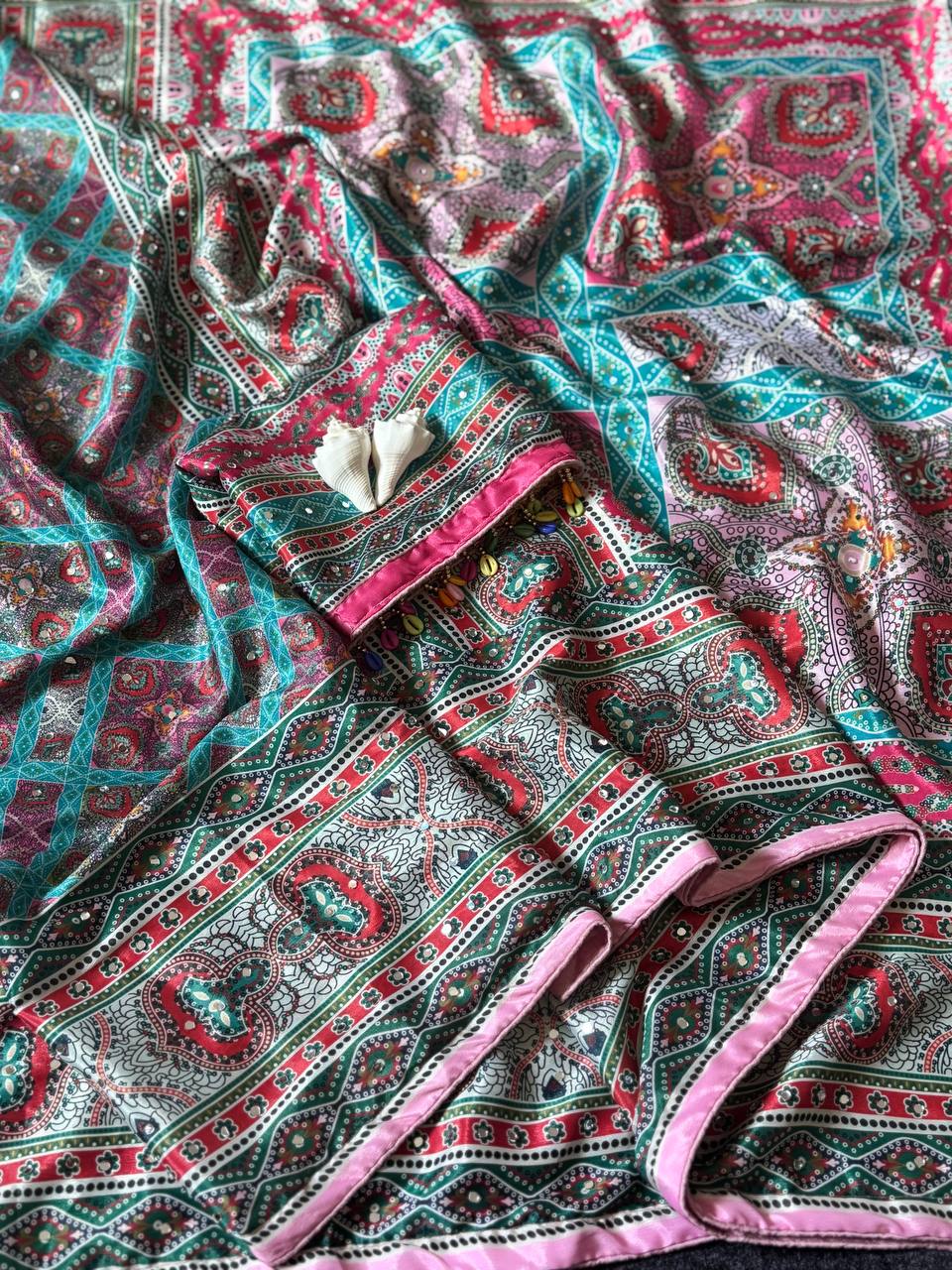 Teal Blue & Pink Modal Silk Ajrakh Printed Saree with Geometric Motifs, Heritage Pallu & Multicolor Tassel Detailing