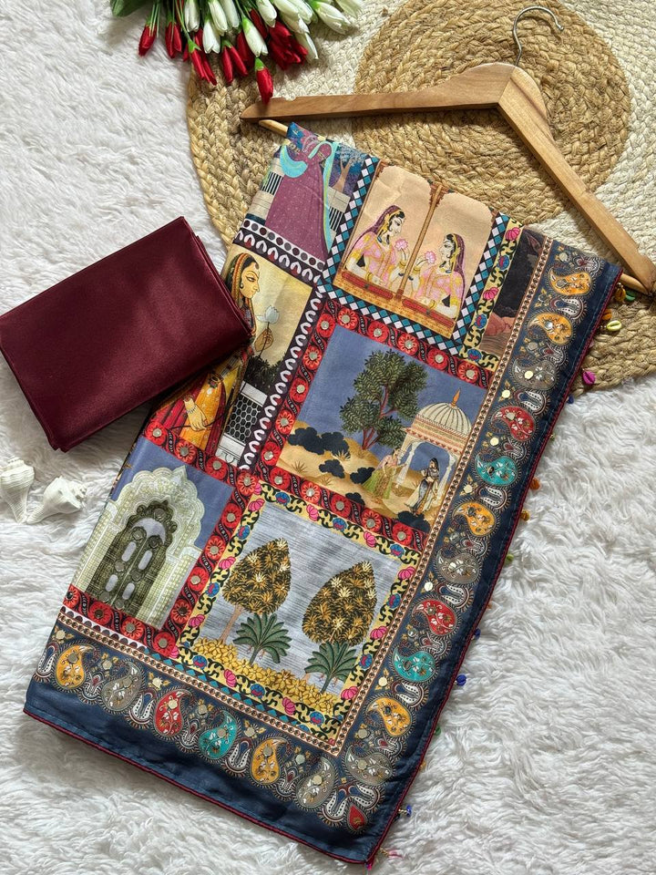 Multicolor Heritage Print Modal Silk Saree with Artistic Storytelling Motifs, Patchwork-Inspired Design & Tassel Detailing