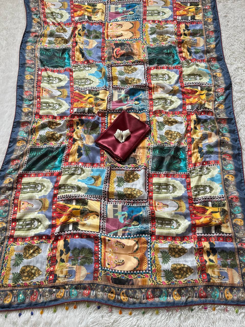 Multicolor Heritage Print Modal Silk Saree with Artistic Storytelling Motifs, Patchwork-Inspired Design & Tassel Detailing