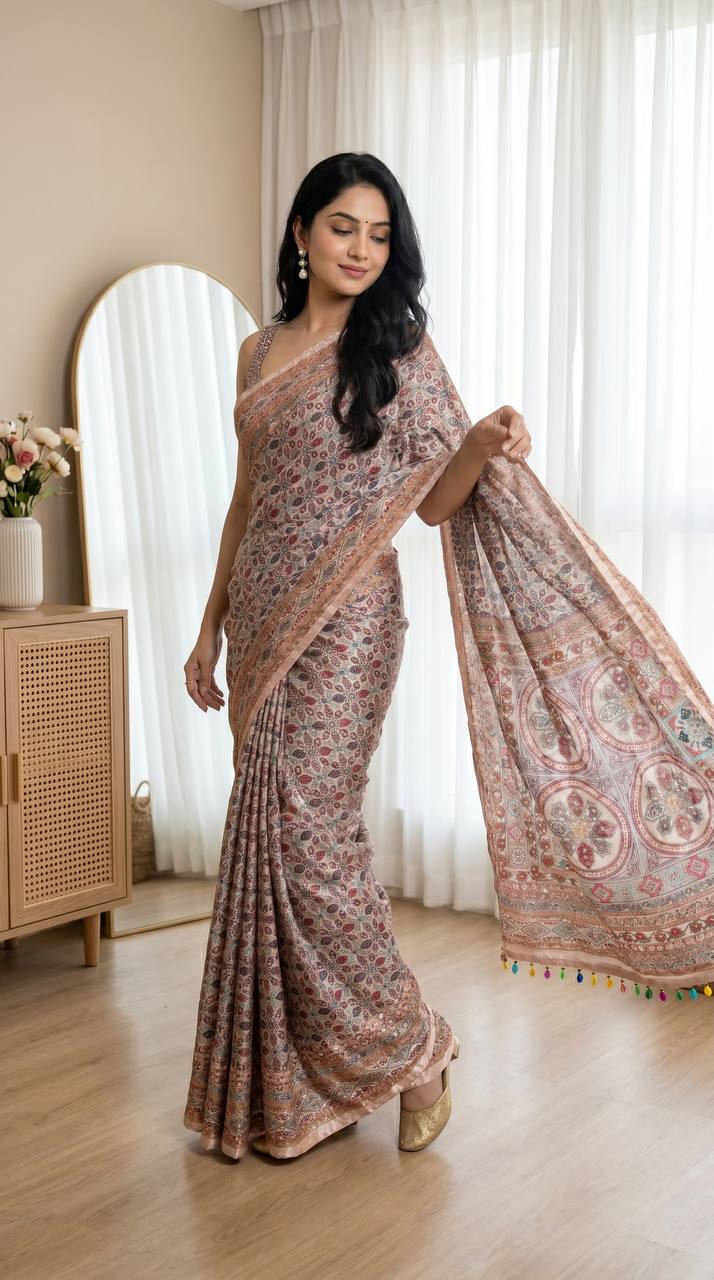 Dusty Rose Heritage Print Modal Silk Saree with Intricate Floral Motifs, Ornamental Pallu & Multicolor Tassel Detailing