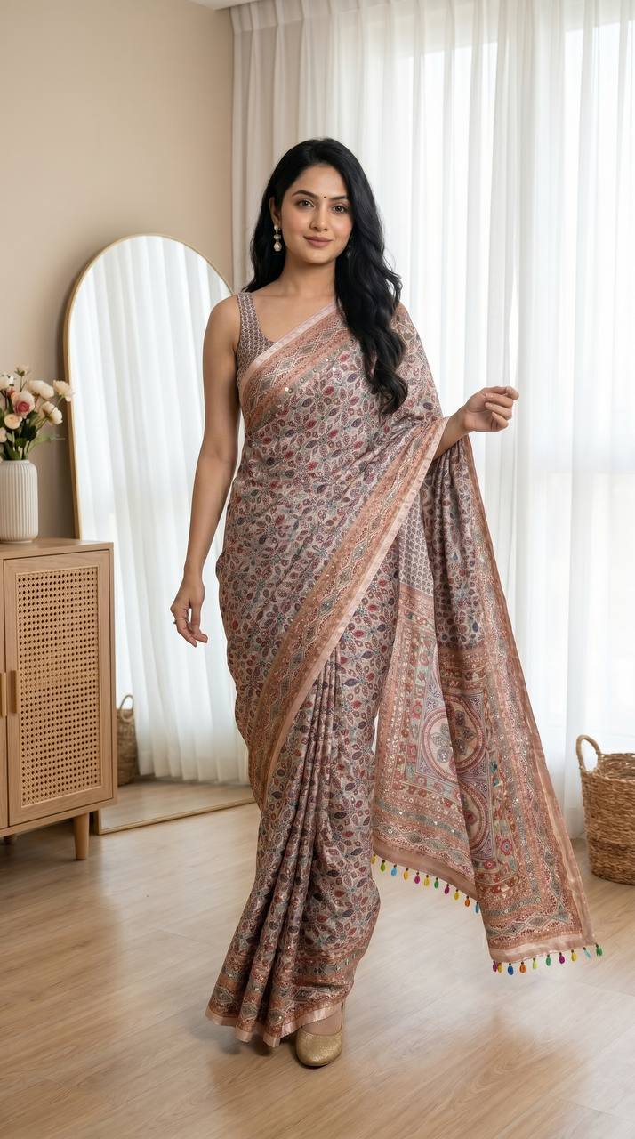 Dusty Rose Heritage Print Modal Silk Saree with Intricate Floral Motifs, Ornamental Pallu & Multicolor Tassel Detailing