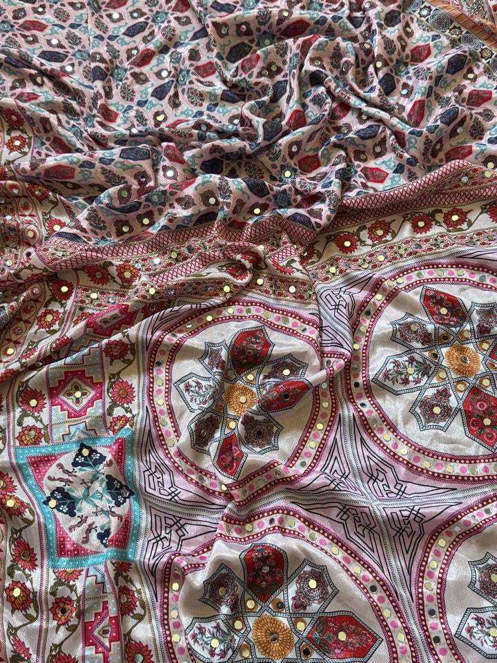Dusty Rose Heritage Print Modal Silk Saree with Intricate Floral Motifs, Ornamental Pallu & Multicolor Tassel Detailing
