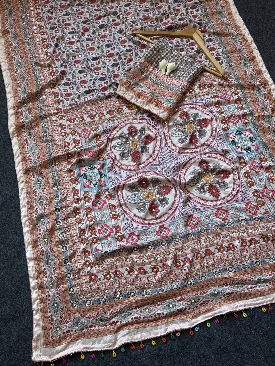 Dusty Rose Heritage Print Modal Silk Saree with Intricate Floral Motifs, Ornamental Pallu & Multicolor Tassel Detailing