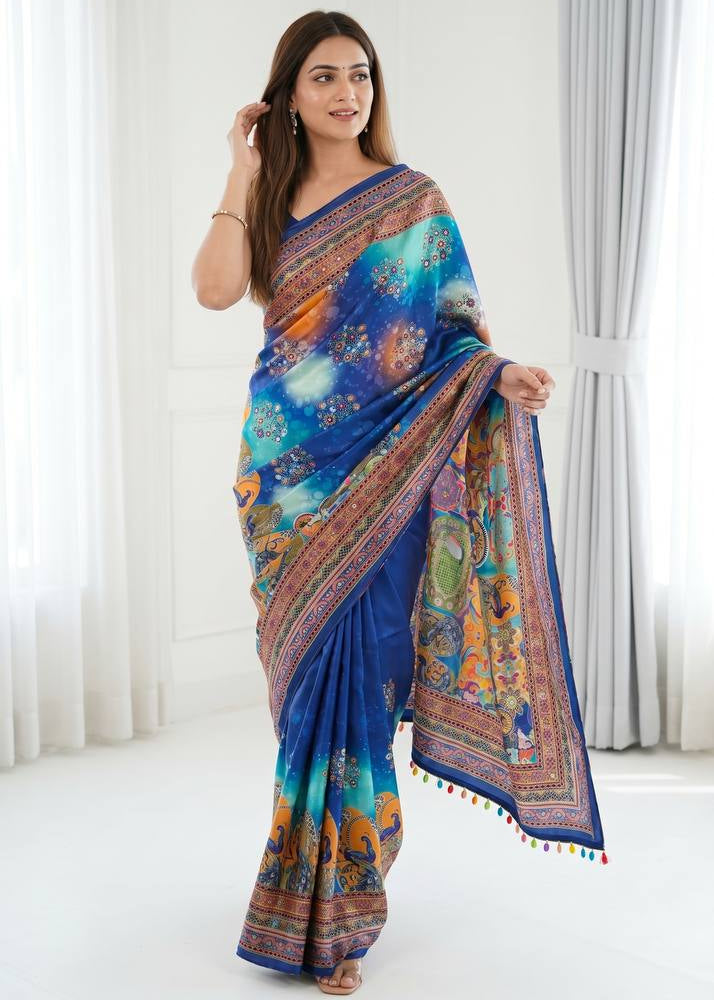 Royal Blue Artistic Digital Print Modal Silk Saree with Multicolor Heritage Border, Designer Pallu & Tassel Detailing