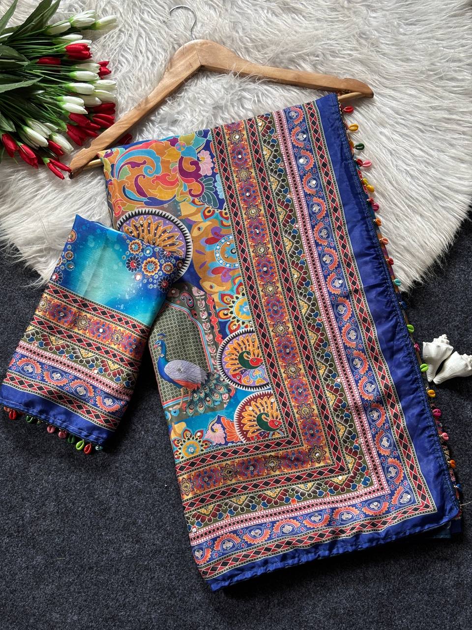 Royal Blue Artistic Digital Print Modal Silk Saree with Multicolor Heritage Border, Designer Pallu & Tassel Detailing