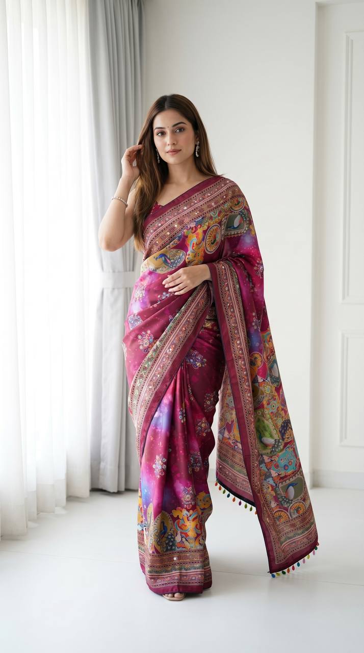 Magenta Purple Artistic Digital Print Modal Silk Saree with Heritage Border, Multicolor Designer Pallu & Tassel Detailing
