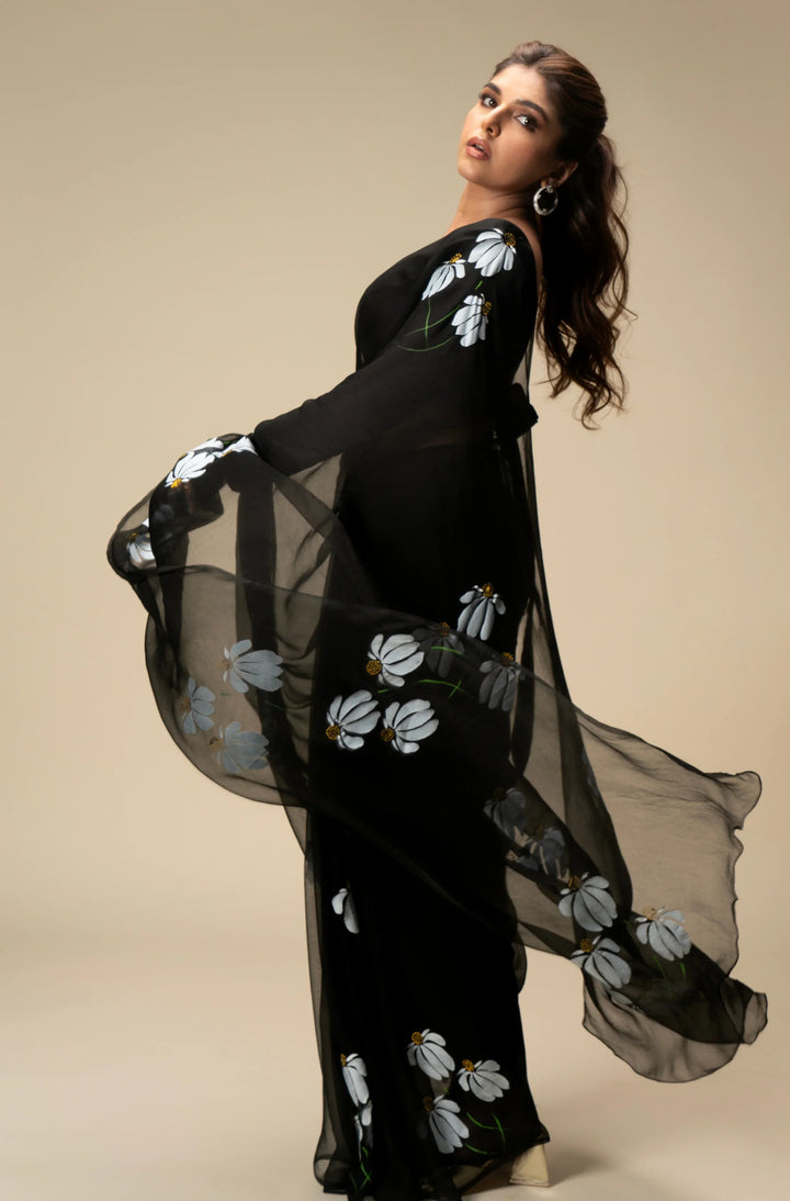 Black Hand-Painted Pure Georgette Saree with White Floral Motifs & Sequins | Modal Satin Blouse