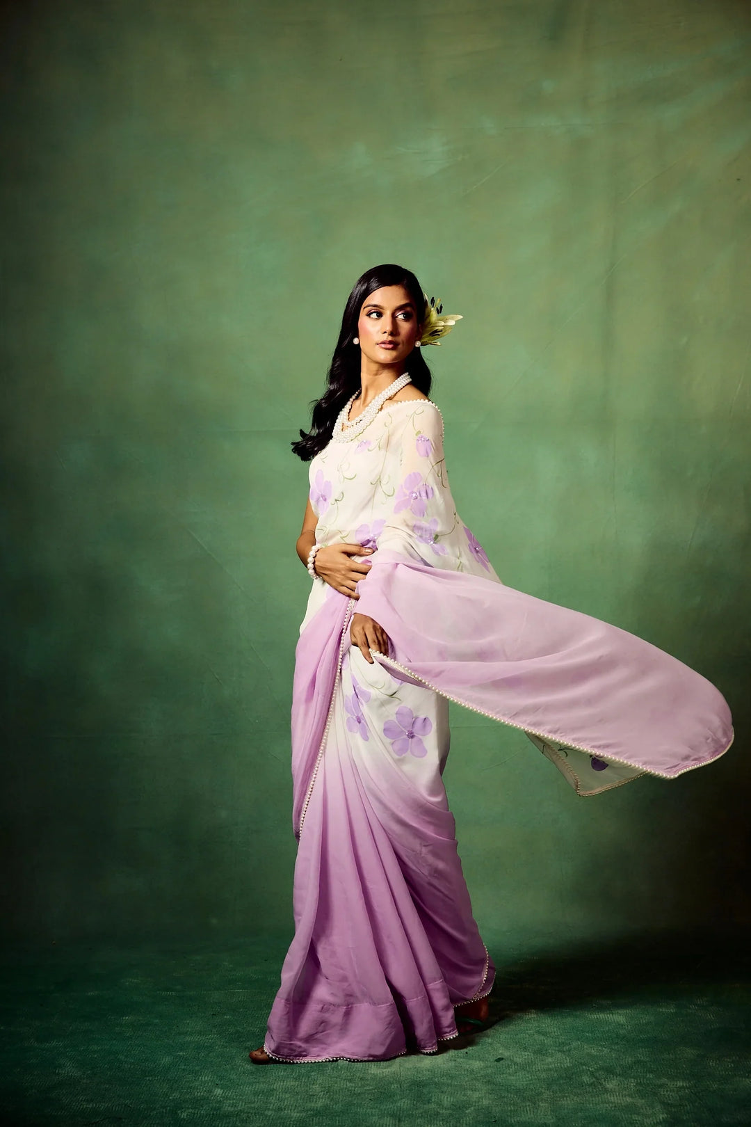 Lavender Bloom Pure Georgette Saree – Hand-Painted Floral Motifs with Sequins & Modal Satin Blouse